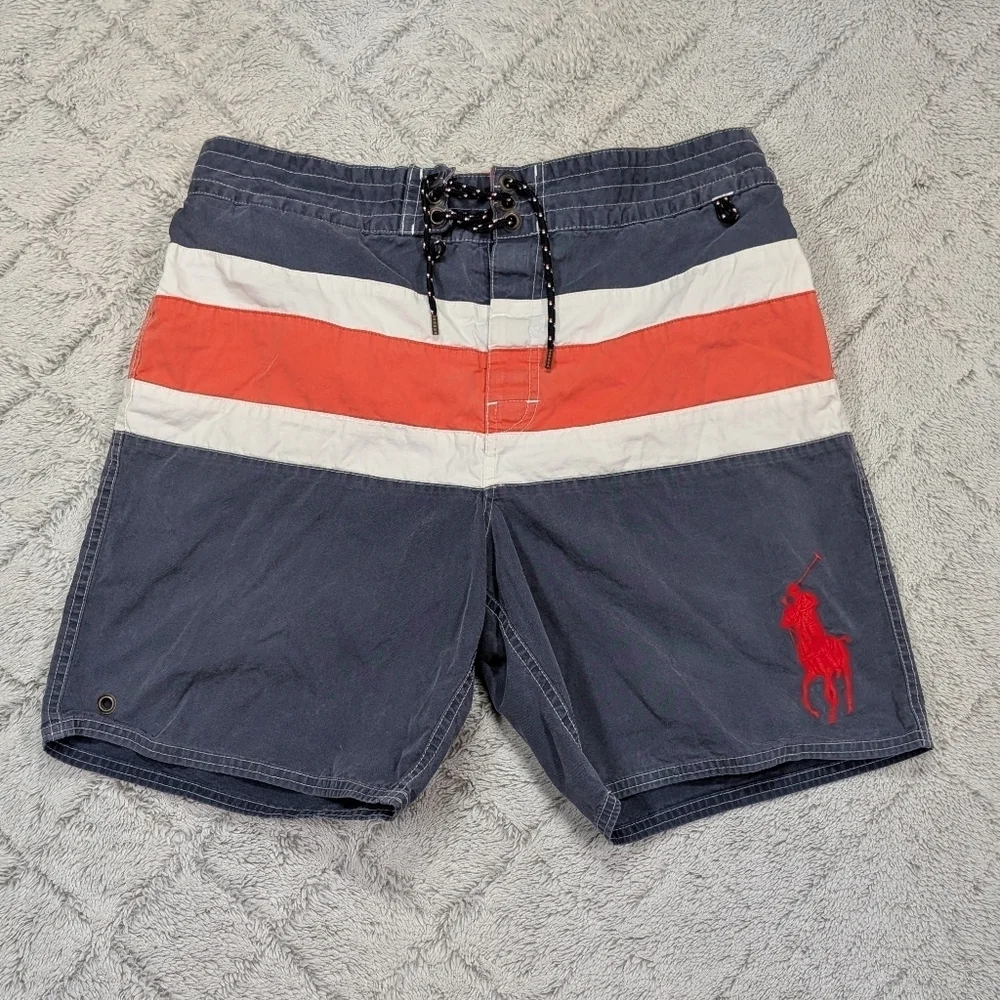 Vintage Polo Ralph Lauren Shorts Mens M Blue Red Stripe Big Pony Board Swim 7.5